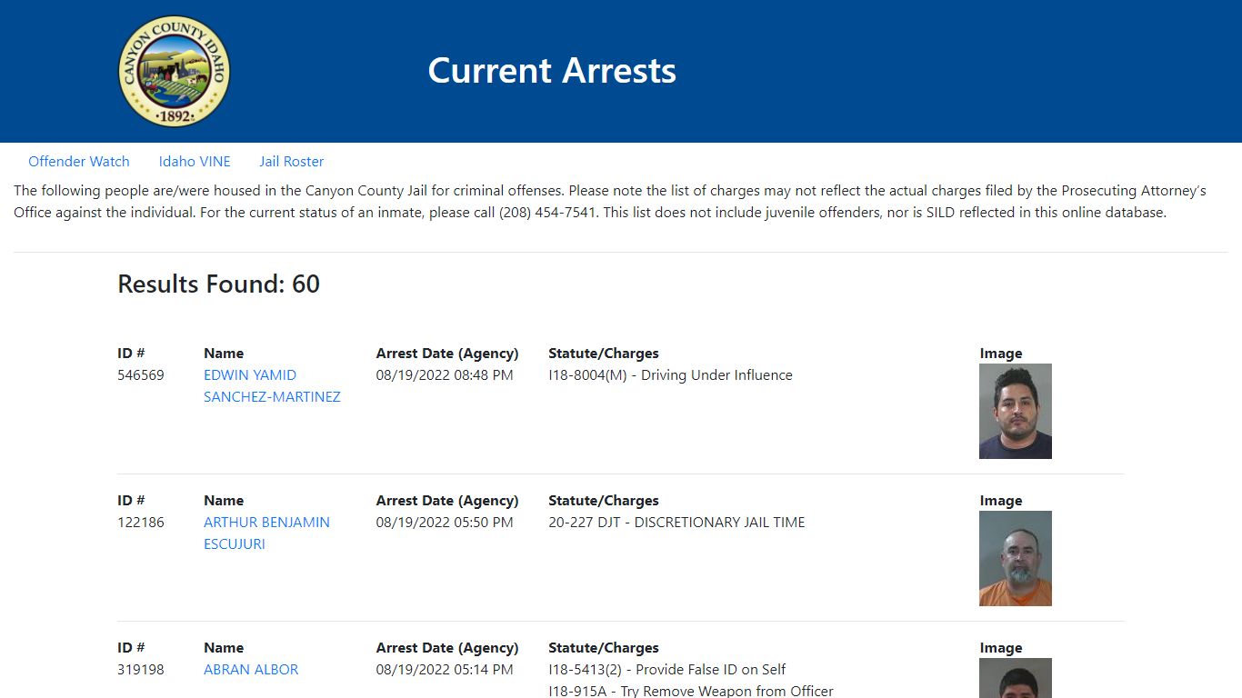 Current Arrests - Canyon County, Idaho